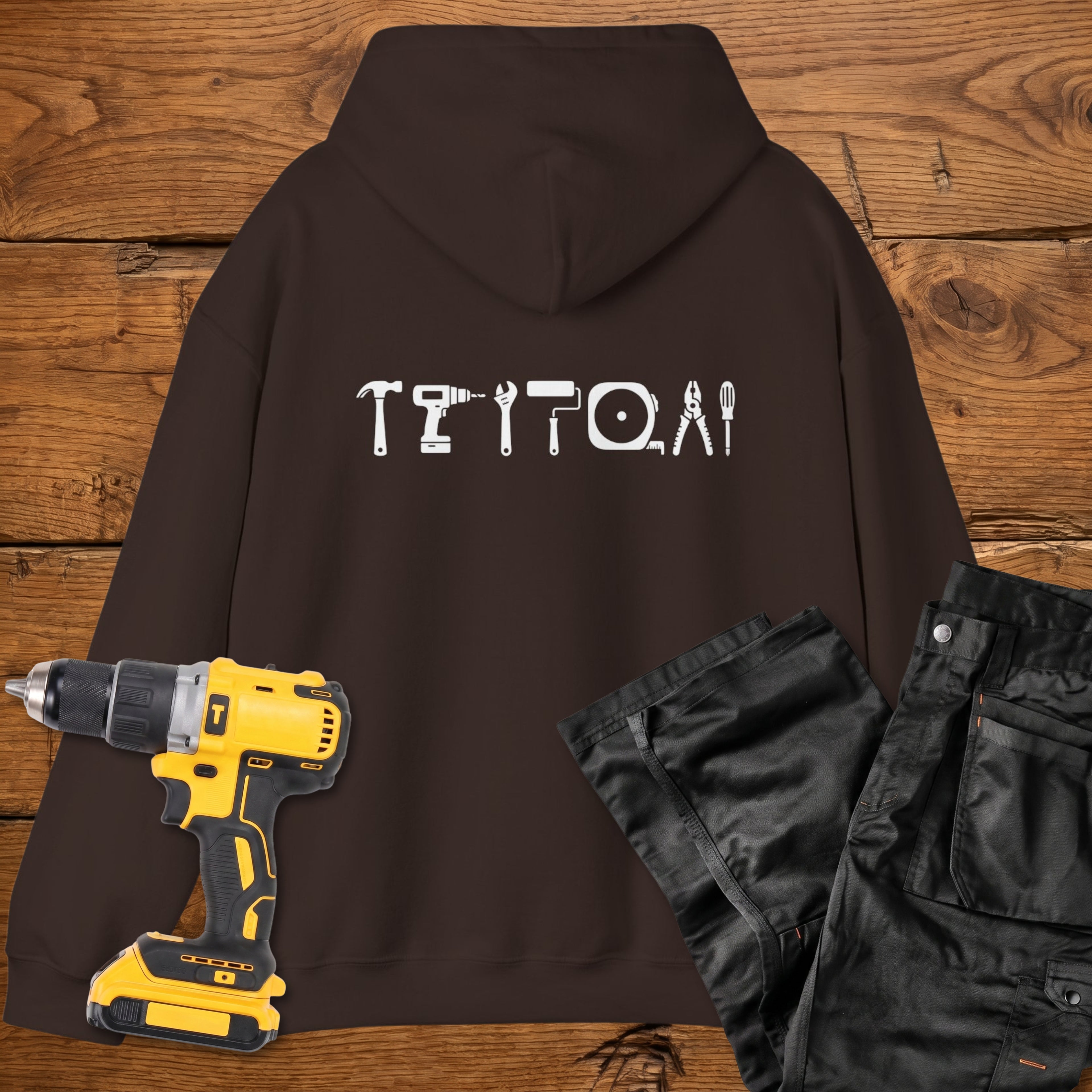 A dark chocolate coloured hoodie laid flat on a rustic wooden surface, featuring a white tool silhouette across the back. A yellow cordless drill and black work trousers are placed beside it as styling props.