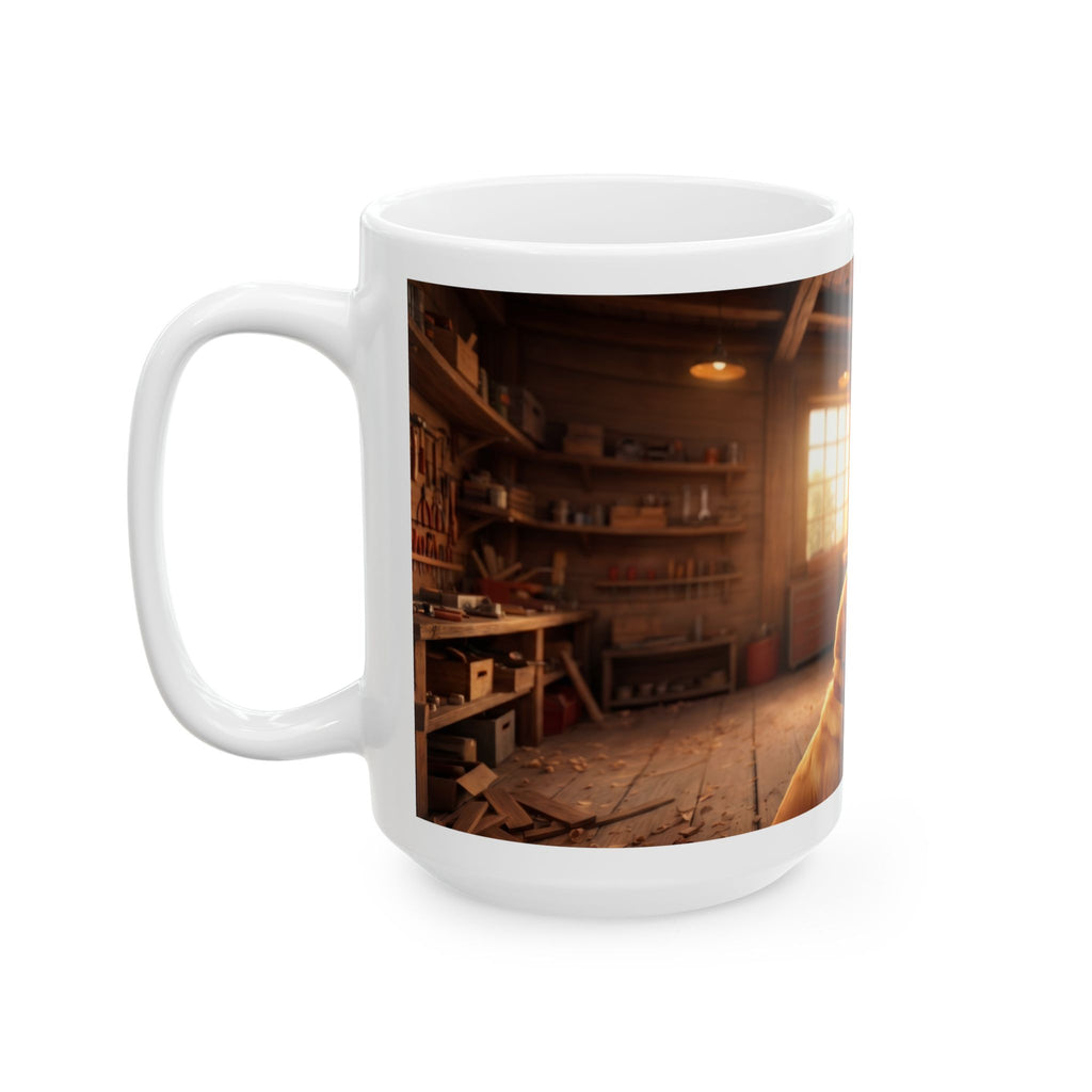 Hank & Biscuit Workshop Mug — Rustic Carpenter Cartoon Coffee Cup (11oz, 15oz)