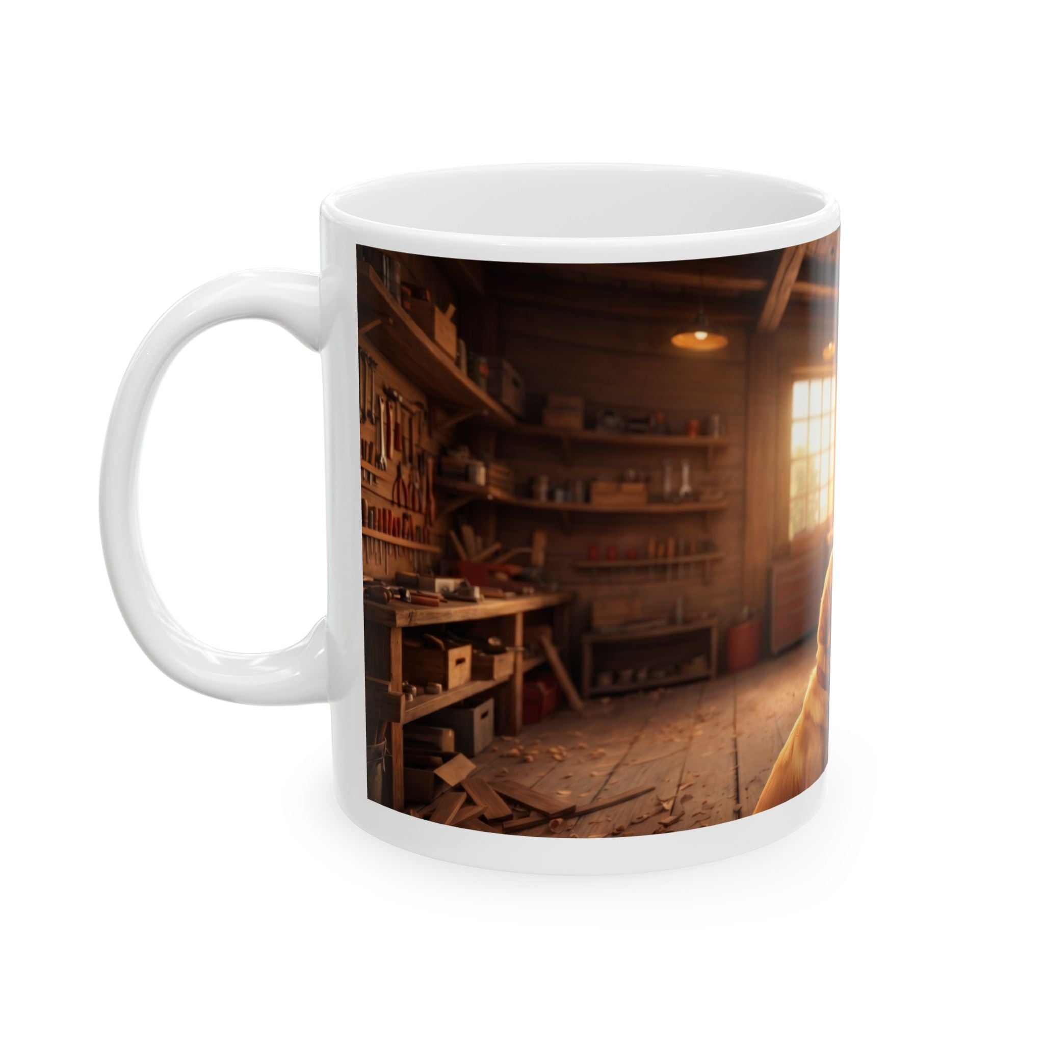 Hank & Biscuit Workshop Mug — Rustic Carpenter Cartoon Coffee Cup (11oz, 15oz)
