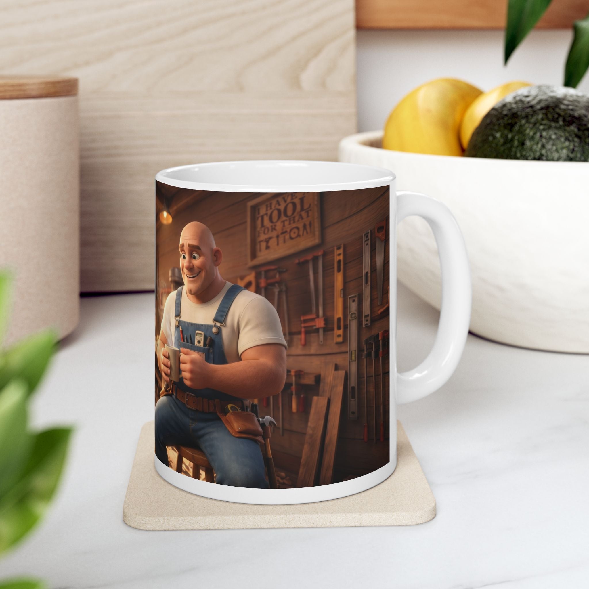 Hank & Biscuit Workshop Mug — Rustic Carpenter Cartoon Coffee Cup (11oz, 15oz)