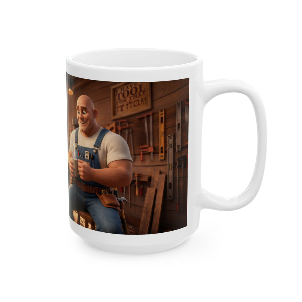 Hank & Biscuit Workshop Mug — Rustic Carpenter Cartoon Coffee Cup (11oz, 15oz)