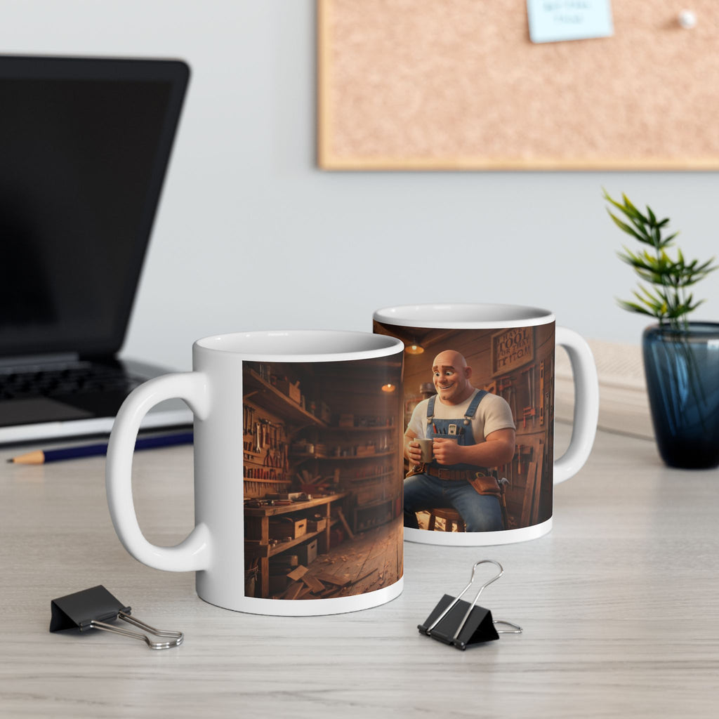 Hank & Biscuit Workshop Mug — Rustic Carpenter Cartoon Coffee Cup (11oz, 15oz)