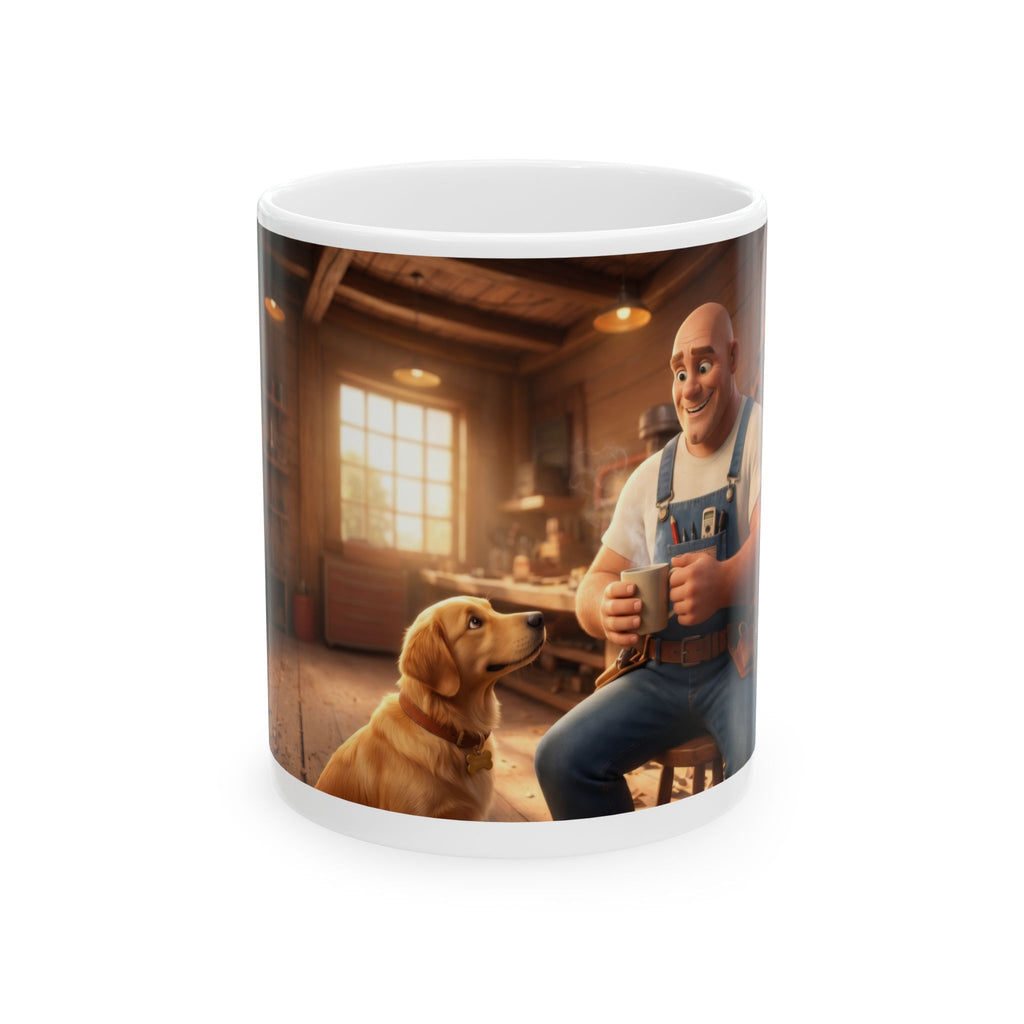 Hank & Biscuit Workshop Mug — Rustic Carpenter Cartoon Coffee Cup (11oz, 15oz)